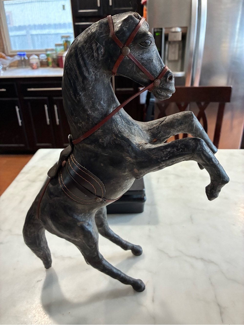 VTG LEATHER WRAPPED HANDCRAFTED HORSE STATUE W/SADDLE & STIRRUPS